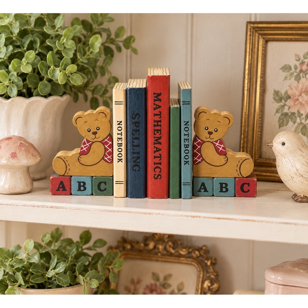 Vintage Teddy Bear Mini Bookends School Books Wood Painted Nursery Kids Decor